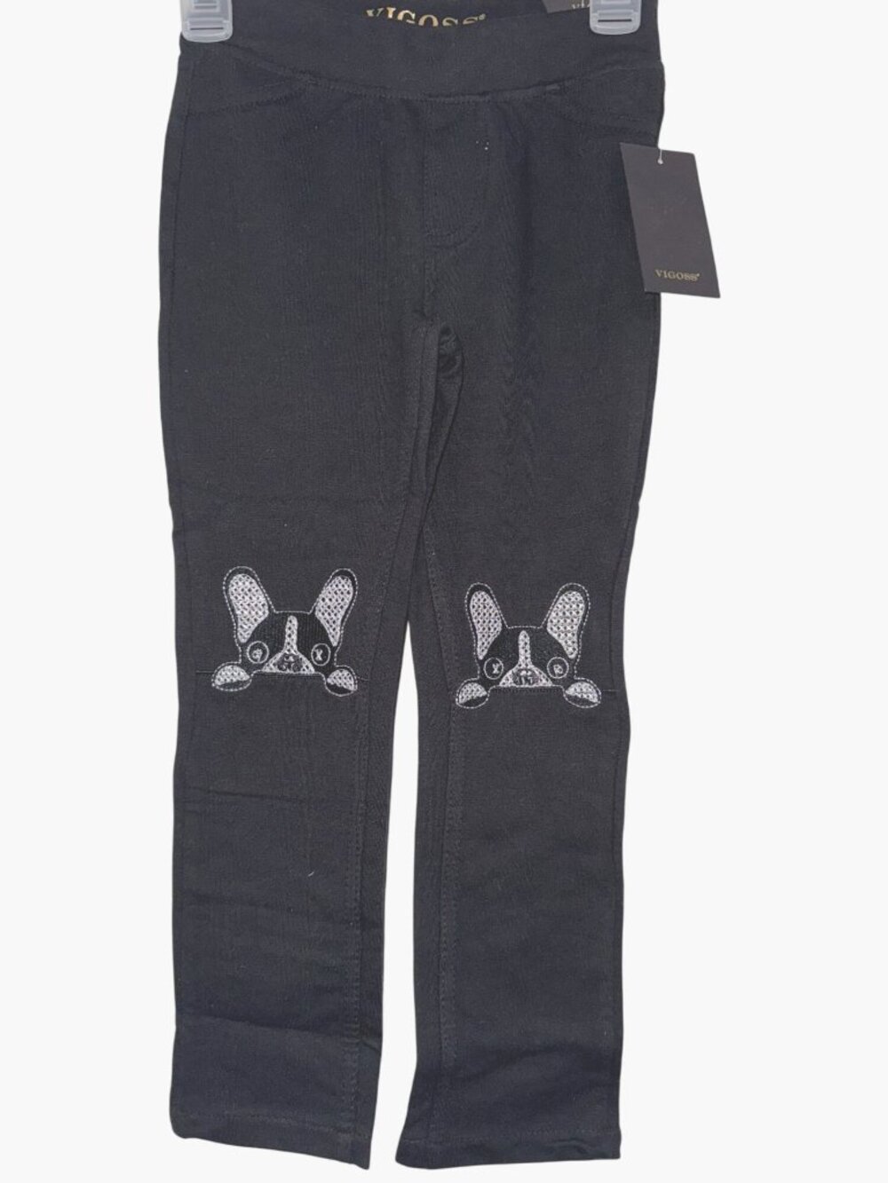Vigoss Kids Black Leggings With Rhinestone Dog Design Size 4 Cotton/Polyester/El